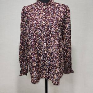 Loft Women's Size Large Purple Floral Poplum High Neck Button Down Shirt Top